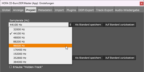 Anpassung der Samplerate in den Projekteinstellungen