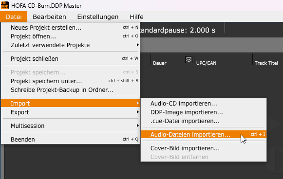 Import über das Dateimenü