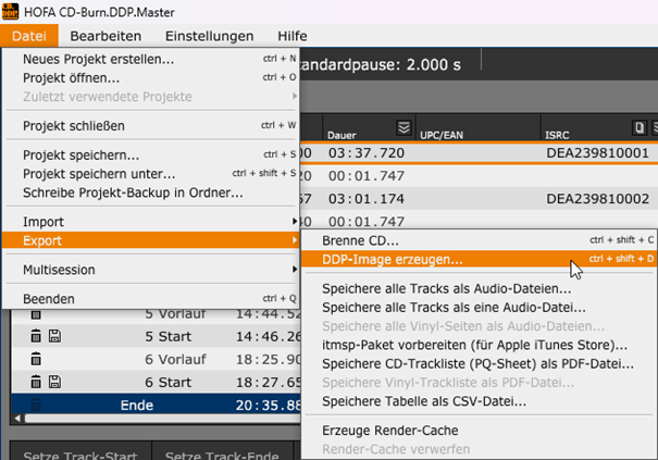 DDP-Export über das Dateimenü