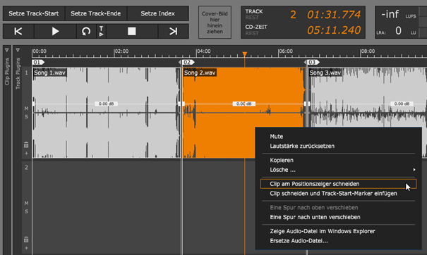 Schnitt des Audio-Clips am Positionszeiger 